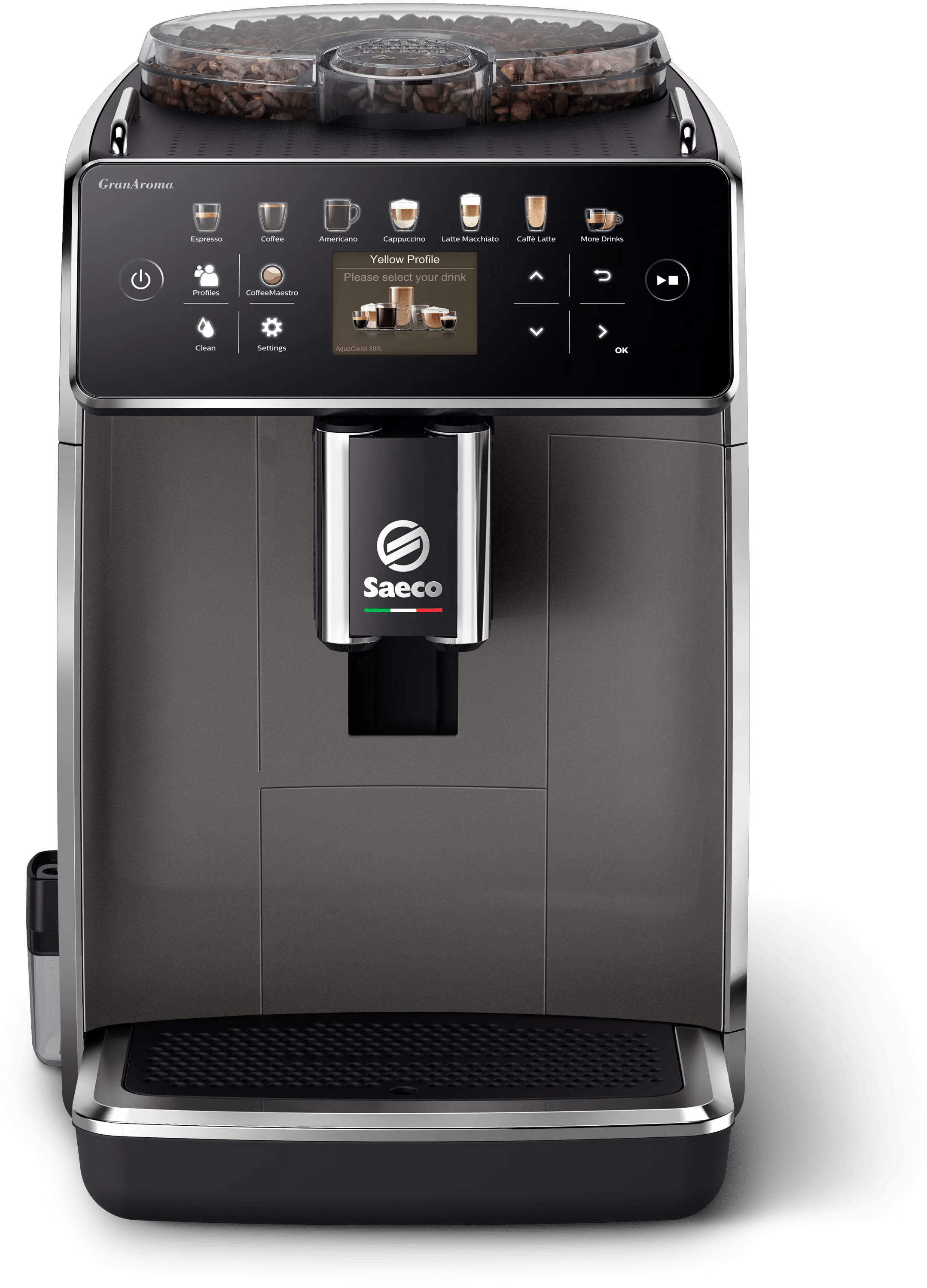 Moderna macchina da caffè Saeco GranAroma in grigio e nero con display touch digitale e contenitore di chicchi.