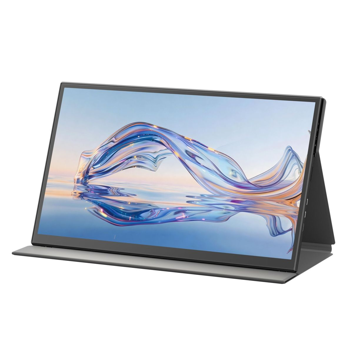 Ein tragbarer Monitor mit dünnem Rahmen steht auf einem Ständer und zeigt eine abstrakte blaue Welle.