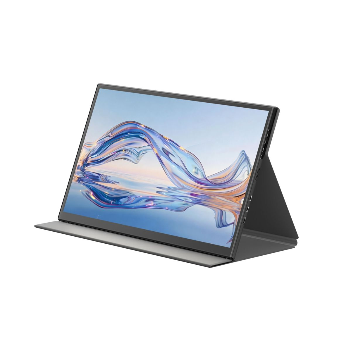 Ein tragbarer Monitor mit dunklem Rahmen steht auf einem grauen Ständer und zeigt eine bunte Welle auf dem Bildschirm.
