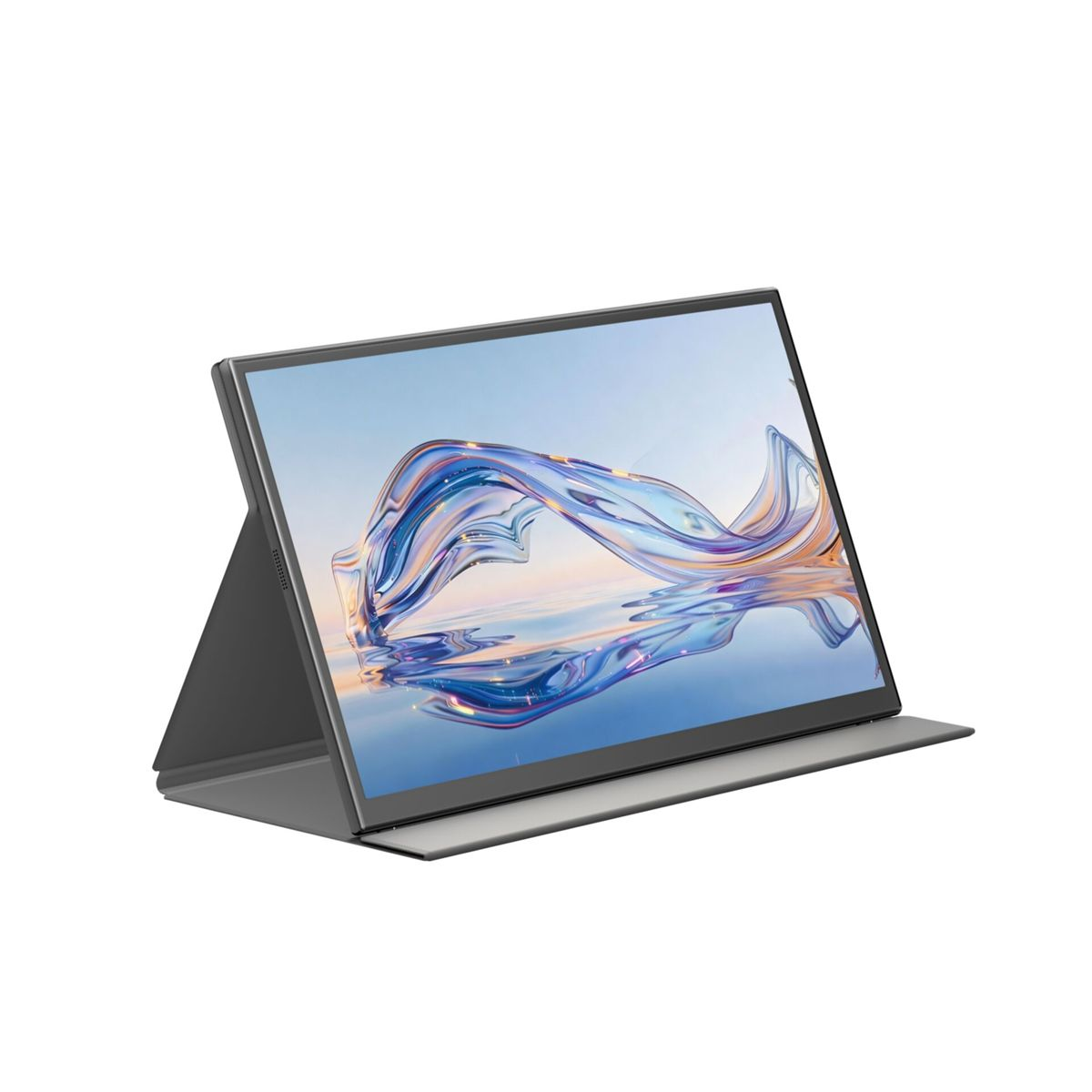 Ein tragbarer Monitor im grauen Ständer zeigt eine blaue abstrakte Welle.