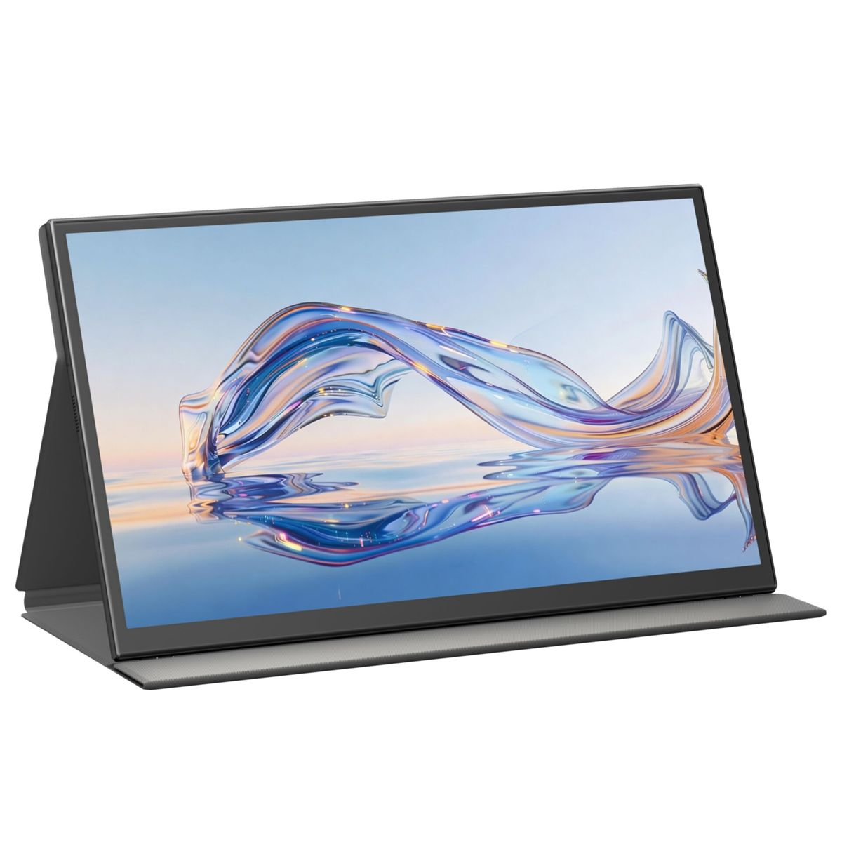Ein tragbarer Monitor in einer dunklen Schutzhülle zeigt einen abstrakten blauen und orangen wellenförmigen Hintergrund.