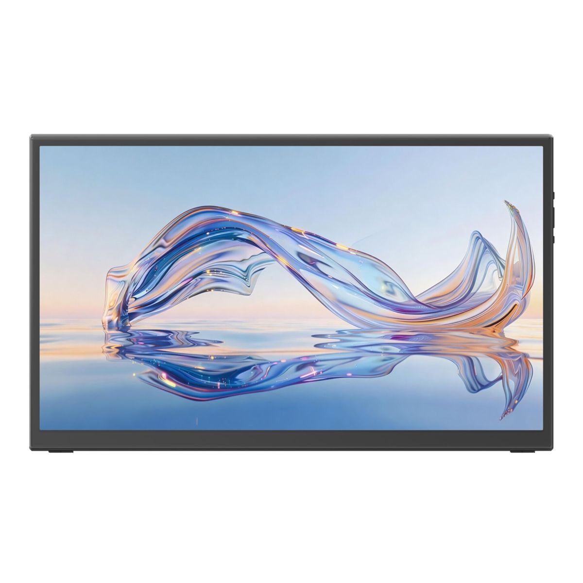 Ein tragbarer Monitor zeigt eine farbenfrohe, abstrakte Wasserwelle mit blauen und orangen Akzenten.