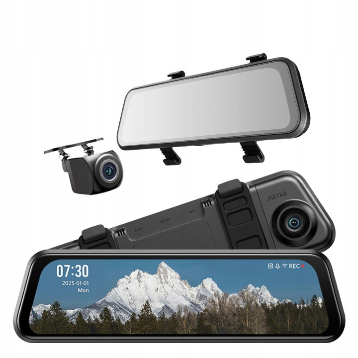 Dashcam in Spiegelform mit Rückfahrkamera und Display, das eine schneebedeckte Berglandschaft zeigt.
