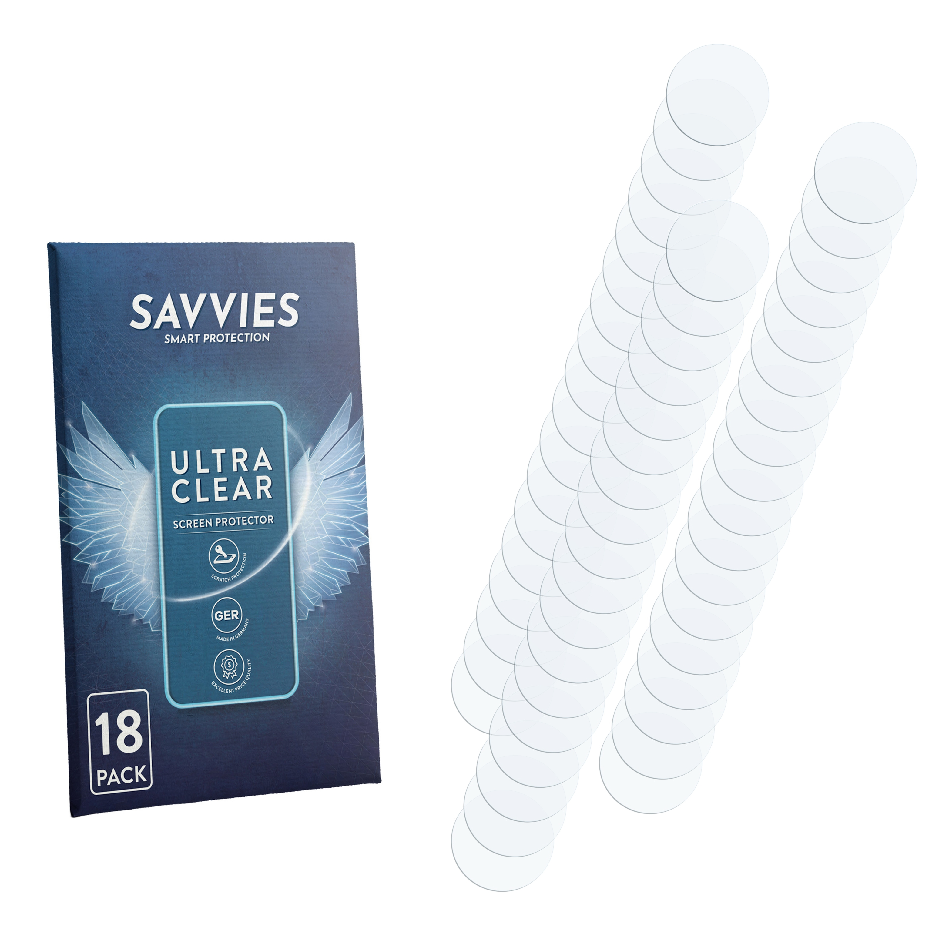 Savvies Ultra-Clear Displayschutzverpackung mit 18 transparenten, kreisrunden Folien daneben.