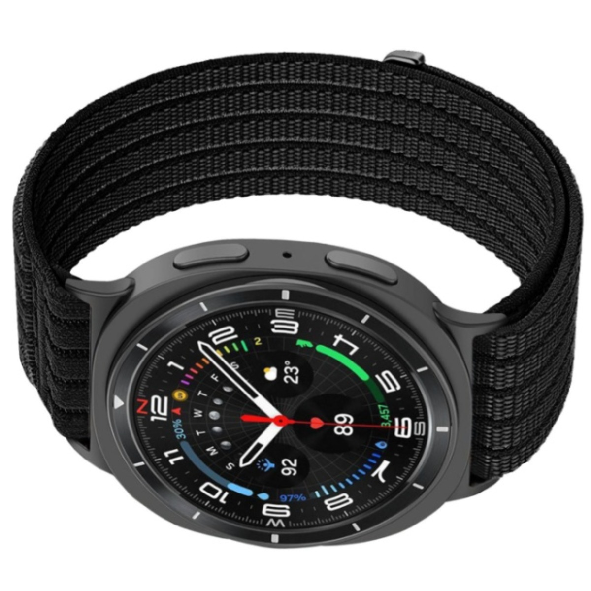 Schwarze Smartwatch mit Stoffarmband und Zifferblatt mit Messdaten.
