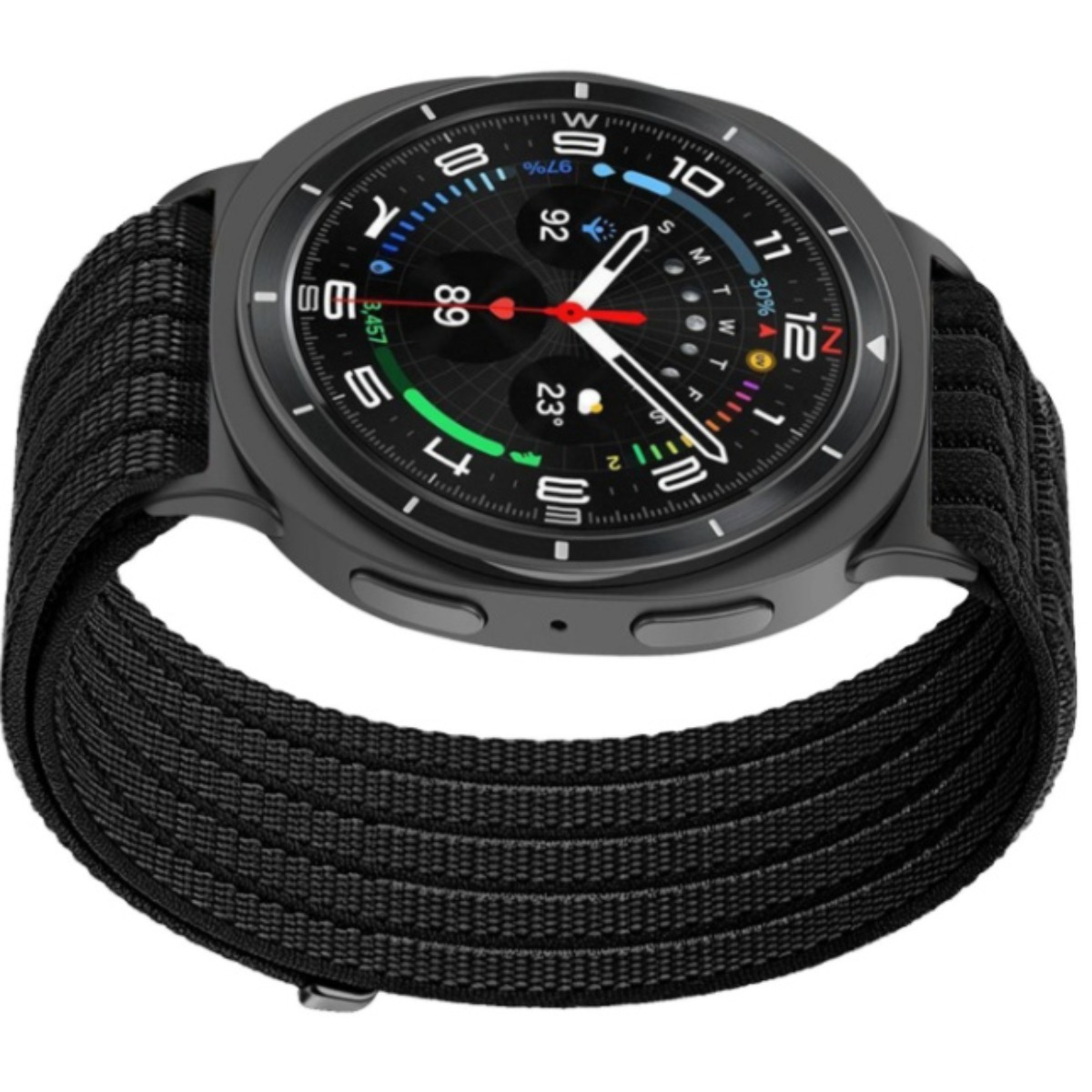 Eine schwarze Smartwatch mit rundem Zifferblatt und einem strukturierten, schwarzen Stoffarmband vor weißem Hintergrund.