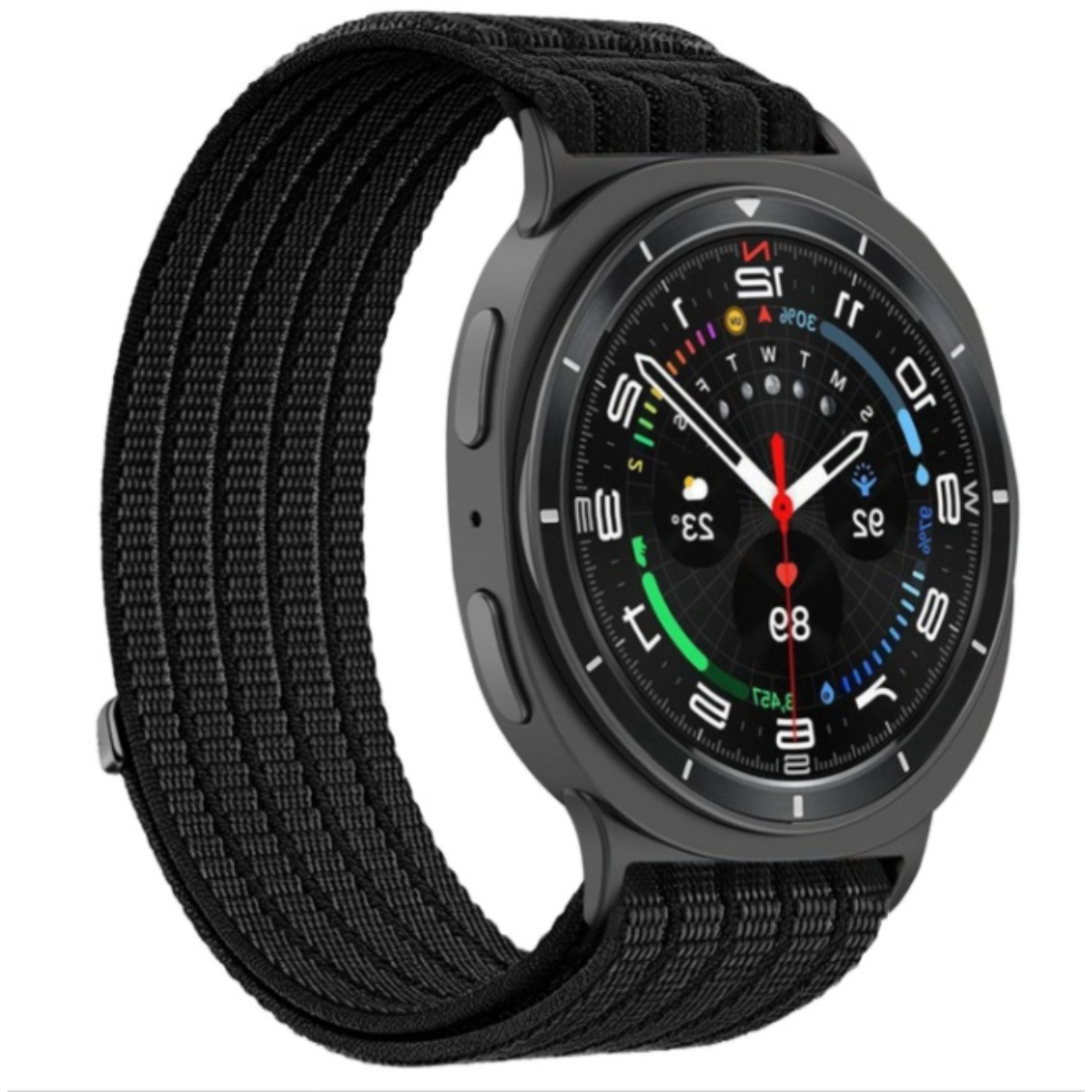 Eine schwarze Smartwatch mit rundem Zifferblatt und einem strukturierten schwarzen Stoffarmband.