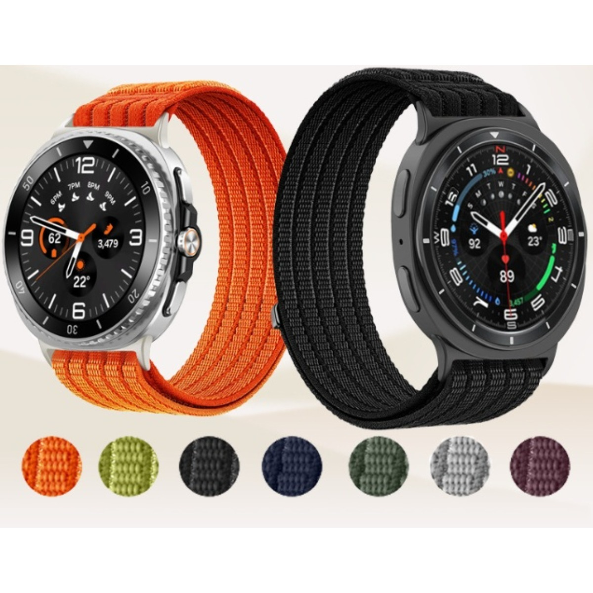 Zwei Smartwatches mit Stoffarmbändern in Orange und Schwarz, darunter sieben Farbvarianten als runde Muster.