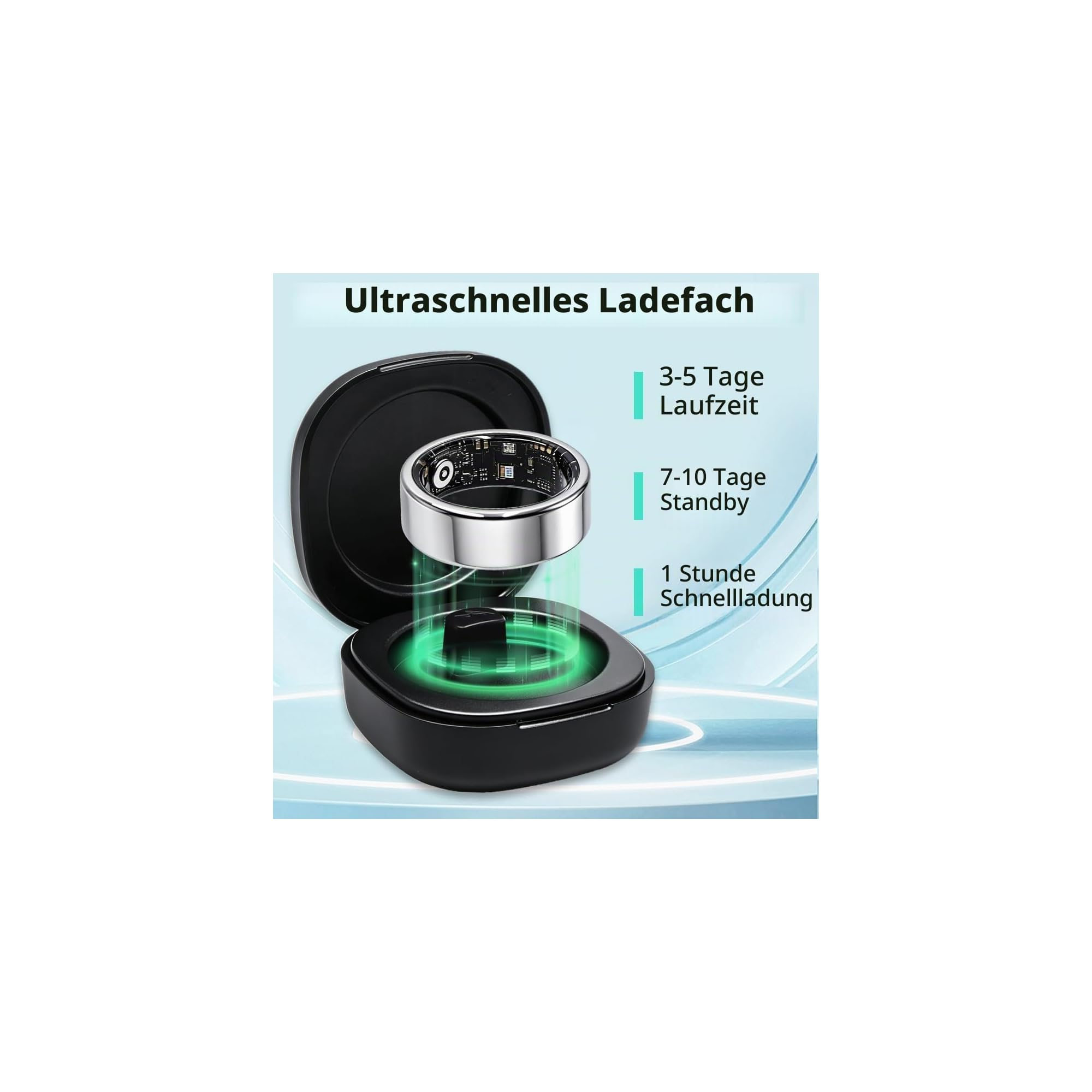 Ein Smart Ring schwebt über seiner offenen schwarzen Ladebox mit grünen Lichtstrahlen und Text.