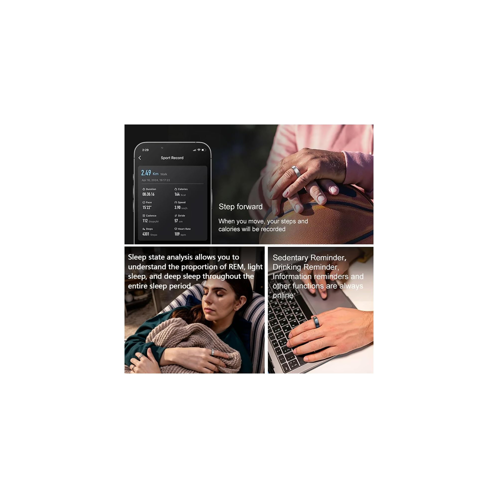 Collage zeigt Smart Ring mit Sport-, Schlaf- und Erinnerungsfunktionen auf Smartphone und Laptop.