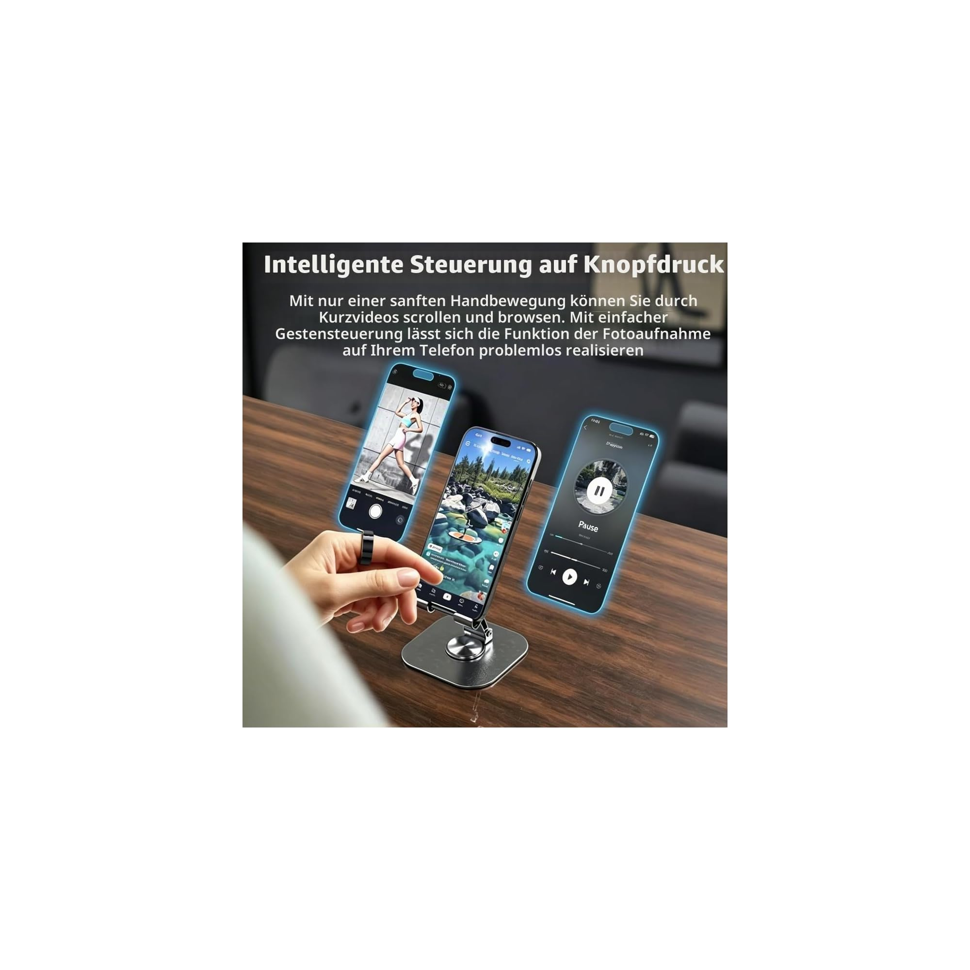 Eine Hand mit einem Smart-Ring steuert drei Smartphones auf einem Holzständer mit Gesten.