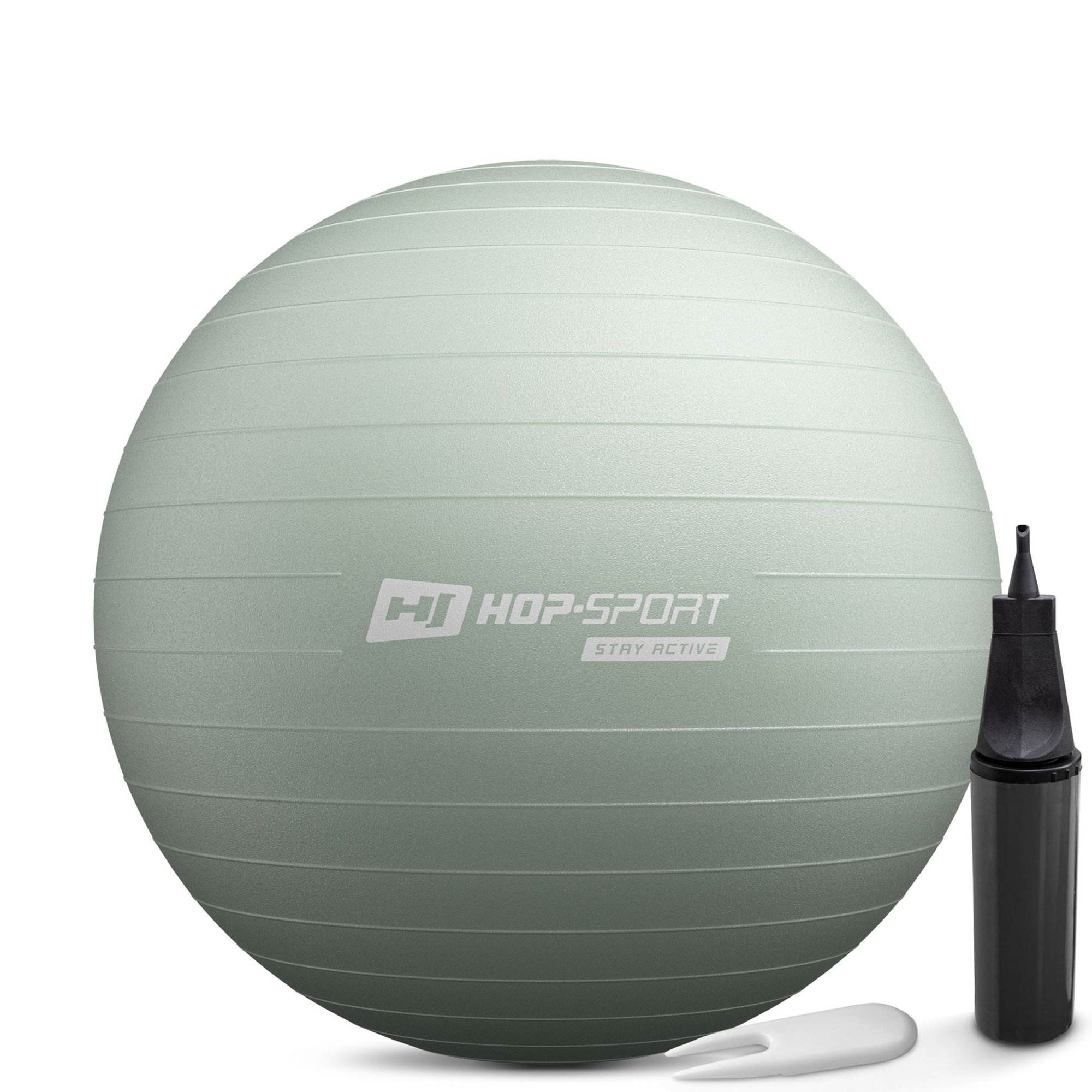 Ein hellgrüner Hop-Sport-Gymnastikball mit schwarzer Handpumpe und Stöpsel auf weißem Hintergrund.