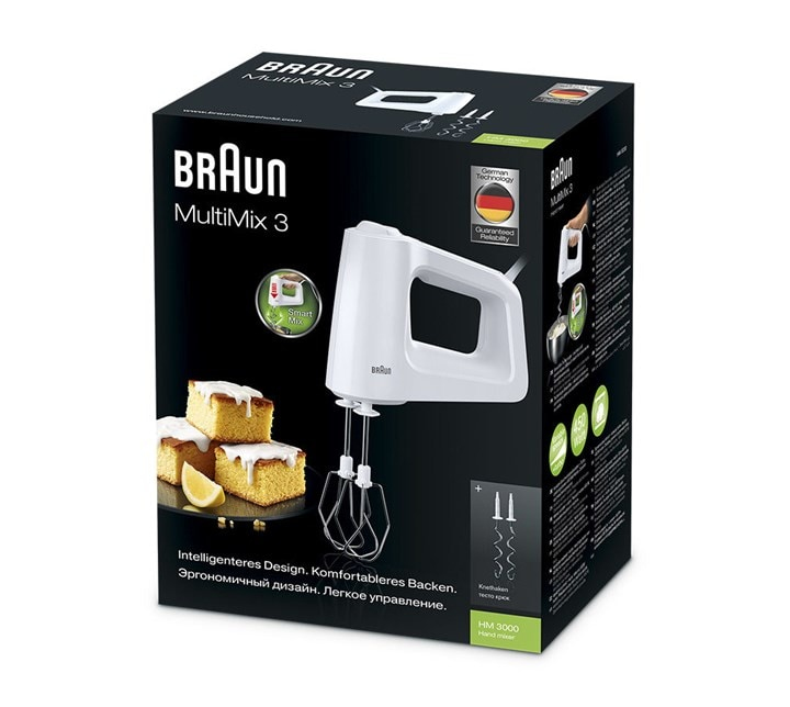 Confezione di un mixer manuale bianco Braun MultiMix 3 con torta.