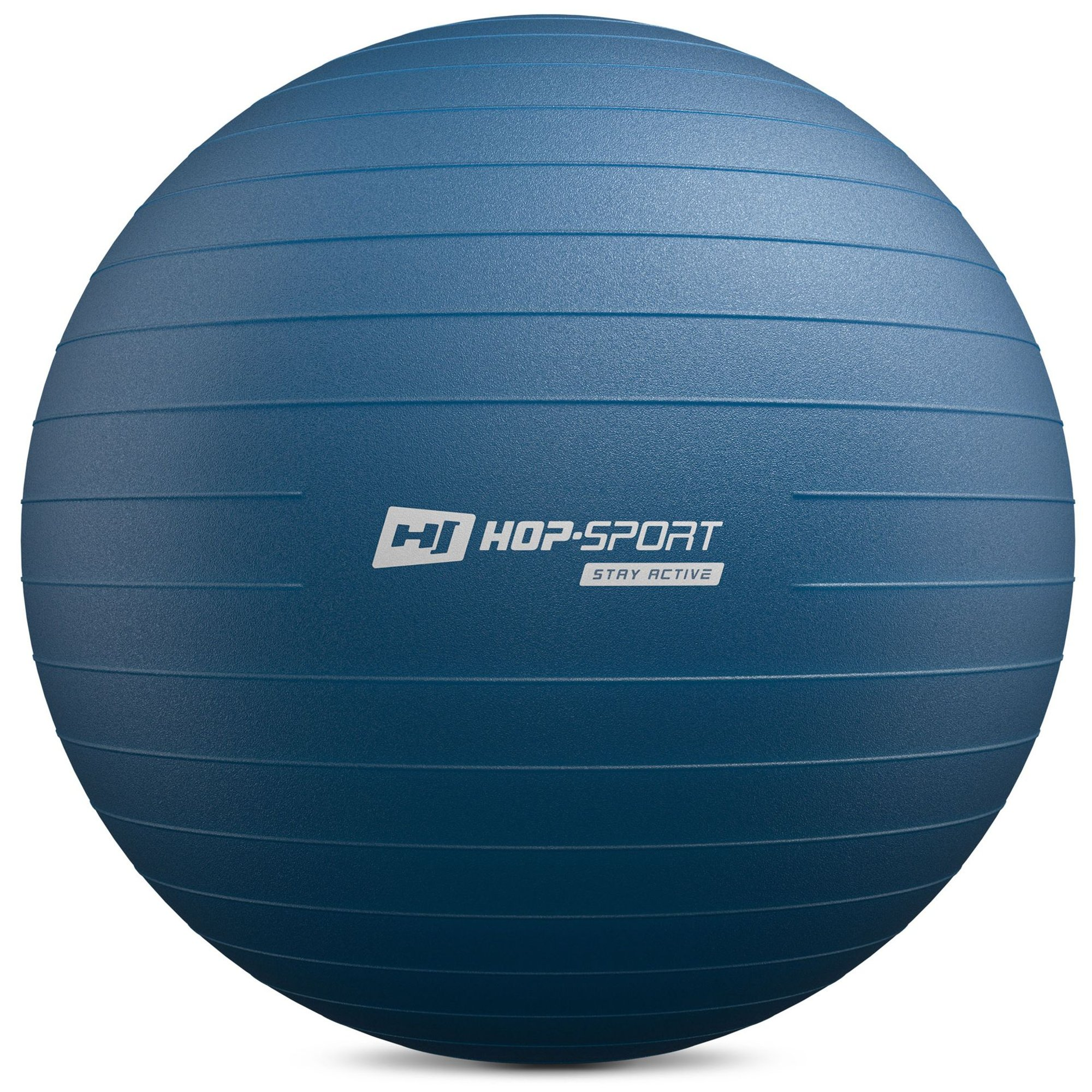 Ein blauer Hop-Sport Gymnastikball mit horizontalen Anti-Burst-Linien auf weißem Grund.