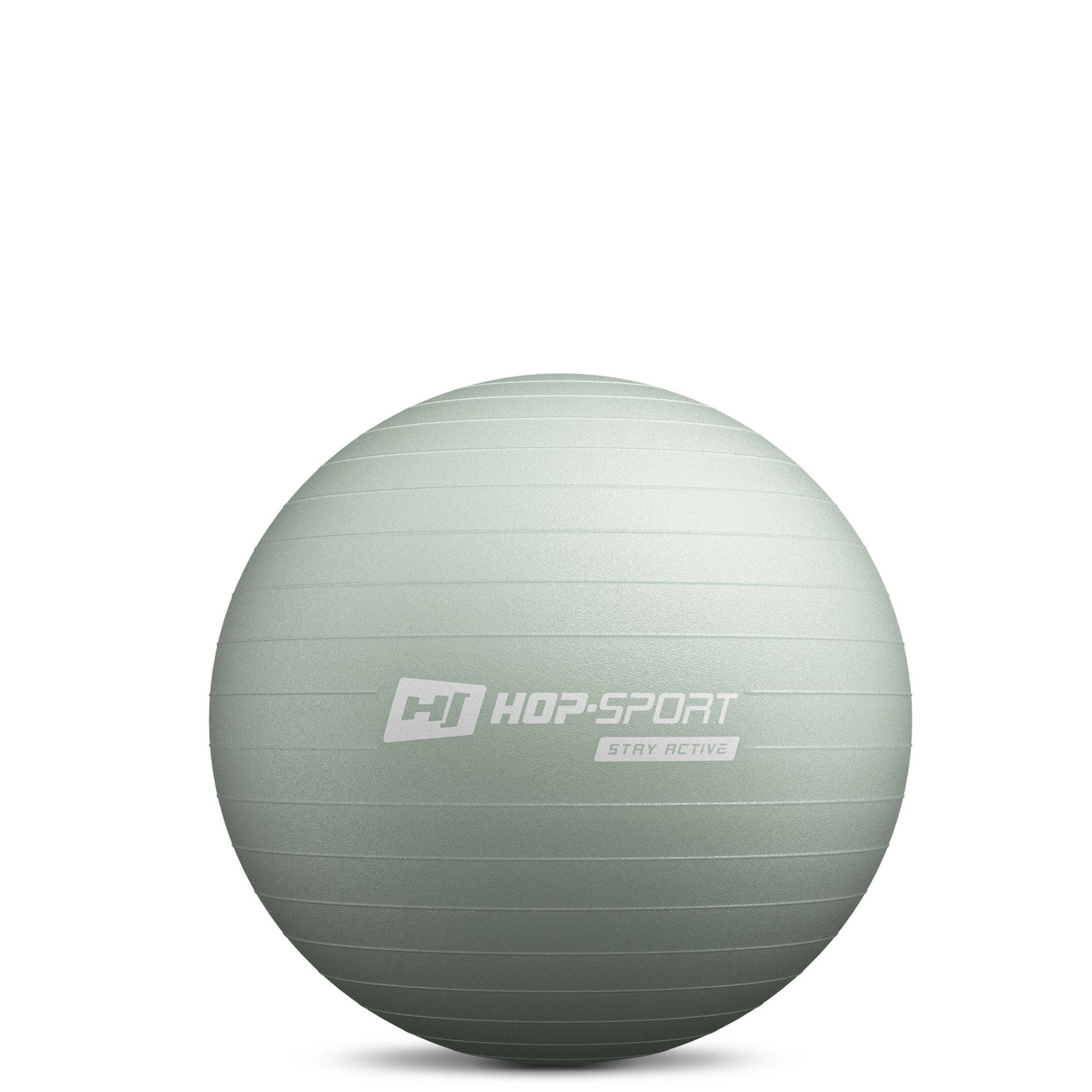 Ein grauer Gymnastikball mit dem weißen Logo Hop-Sport und der Aufschrift Stay Active auf weißem Hintergrund.