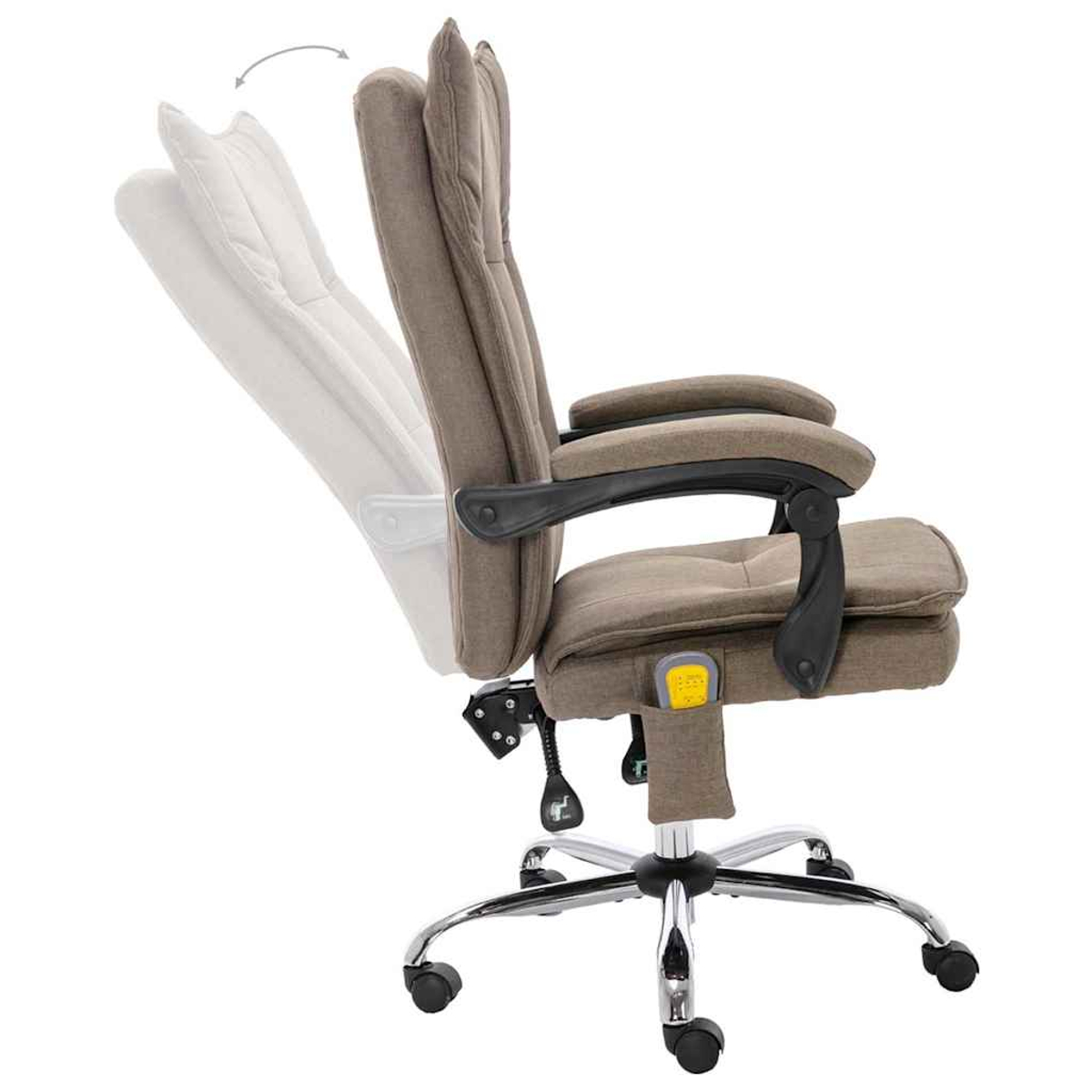 Ein beiger Massagebürostuhl mit verstellbarer Rückenlehne, schwarzen Armlehnen und Chromrollen.