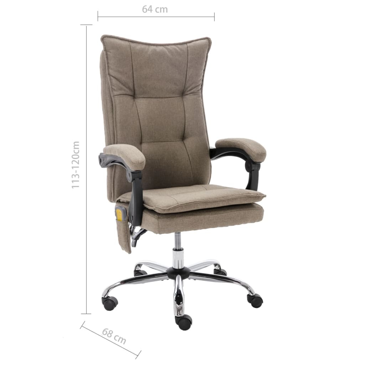 Beiger Massagesessel mit hoher Rückenlehne, Armlehnen und Rollen, inklusive Maßangaben in cm.