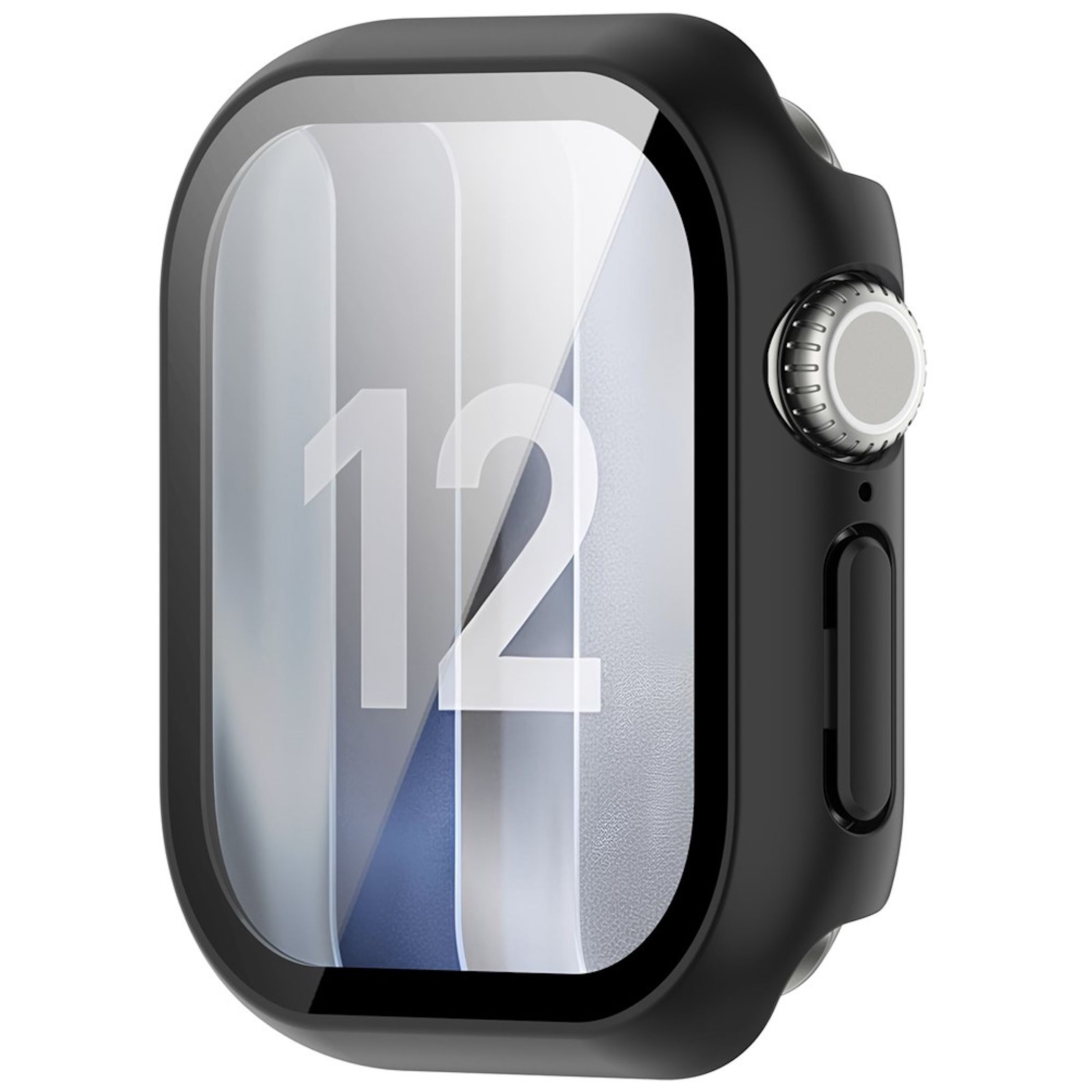 Schwarze Smartwatch im engen Winkel mit digitalem Zifferblatt und Nummer 12.