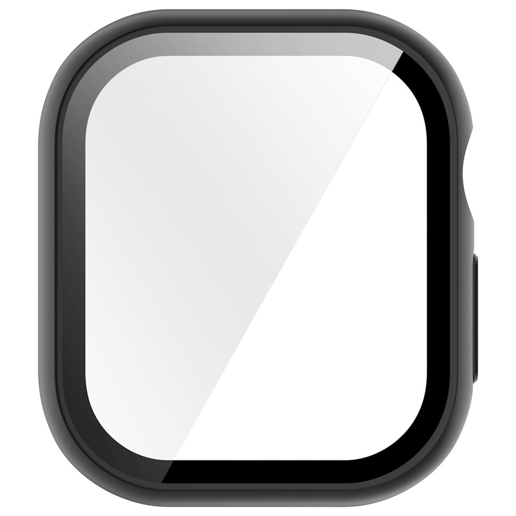 Eine schwarze Smartwatch mit einem leeren, weißen quadratischen Bildschirm.