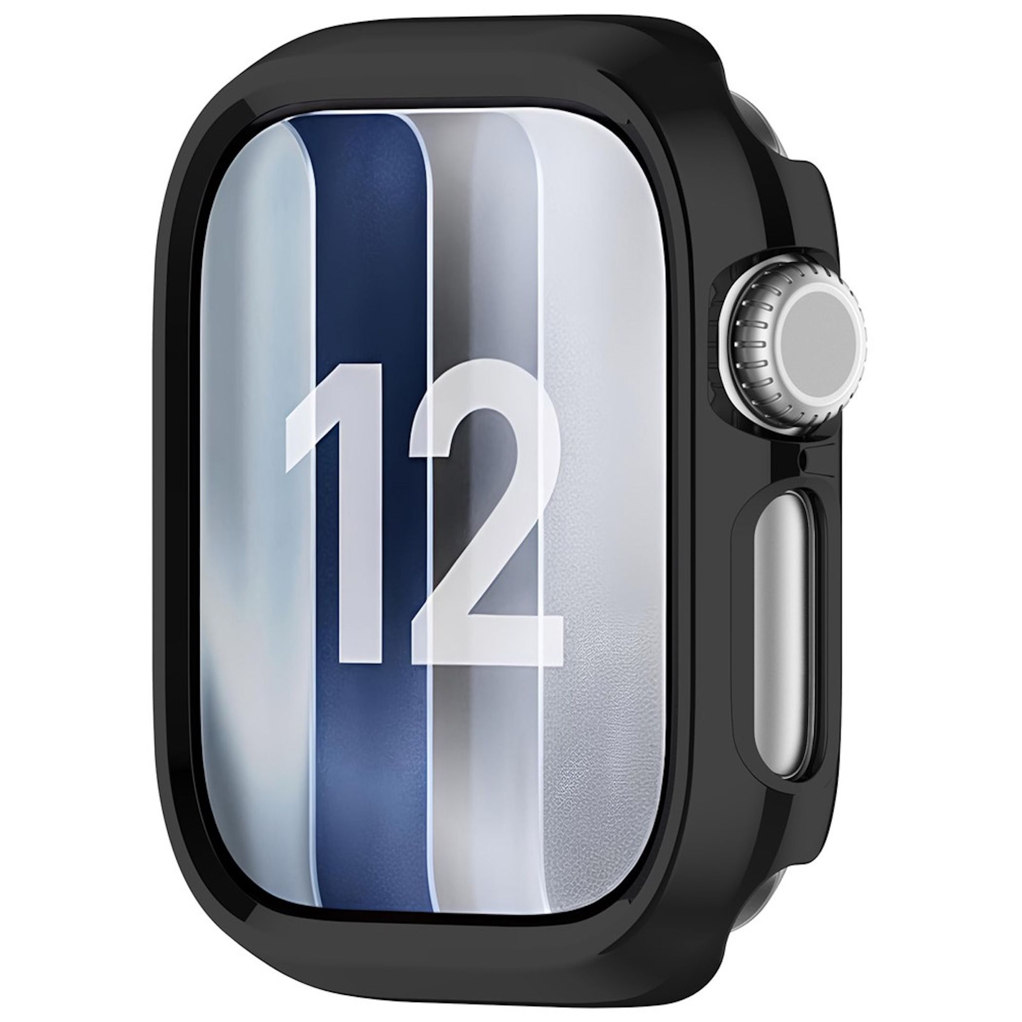 Uno smartwatch nero con quadrante bianco con numero 12 su sfondo bianco e blu.