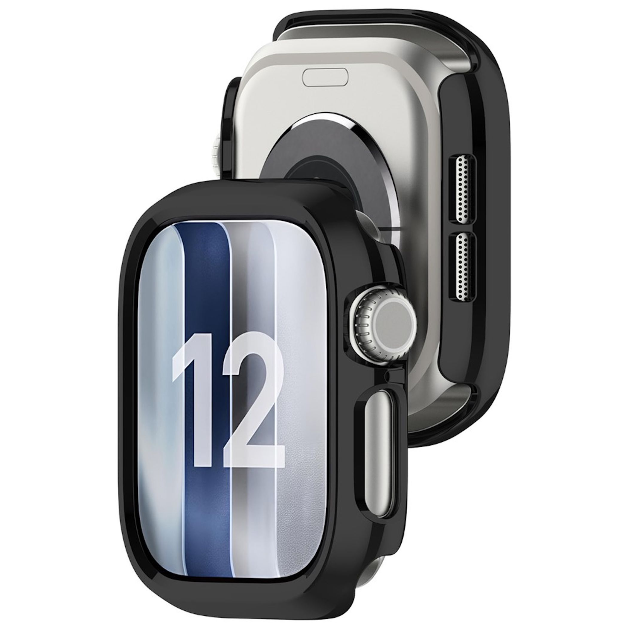 Due smartwatch con custodie protettive nere su sfondo bianco.