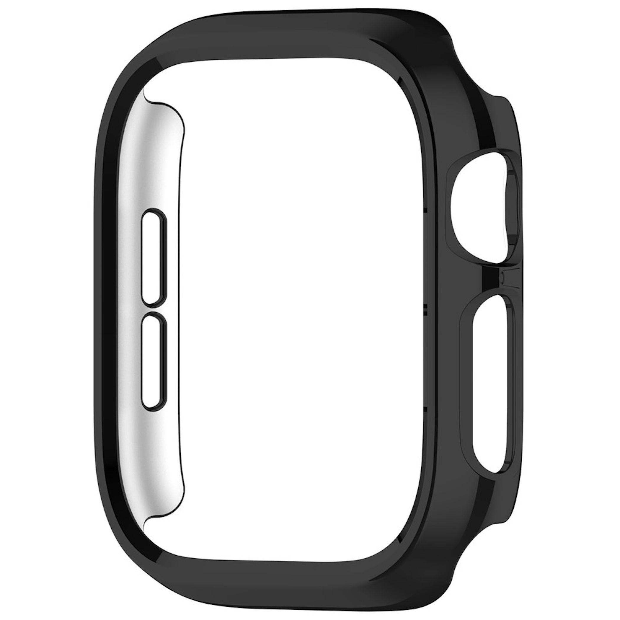 Una custodia protettiva nera lucida per smartwatch con ritagli precisi per i pulsanti.