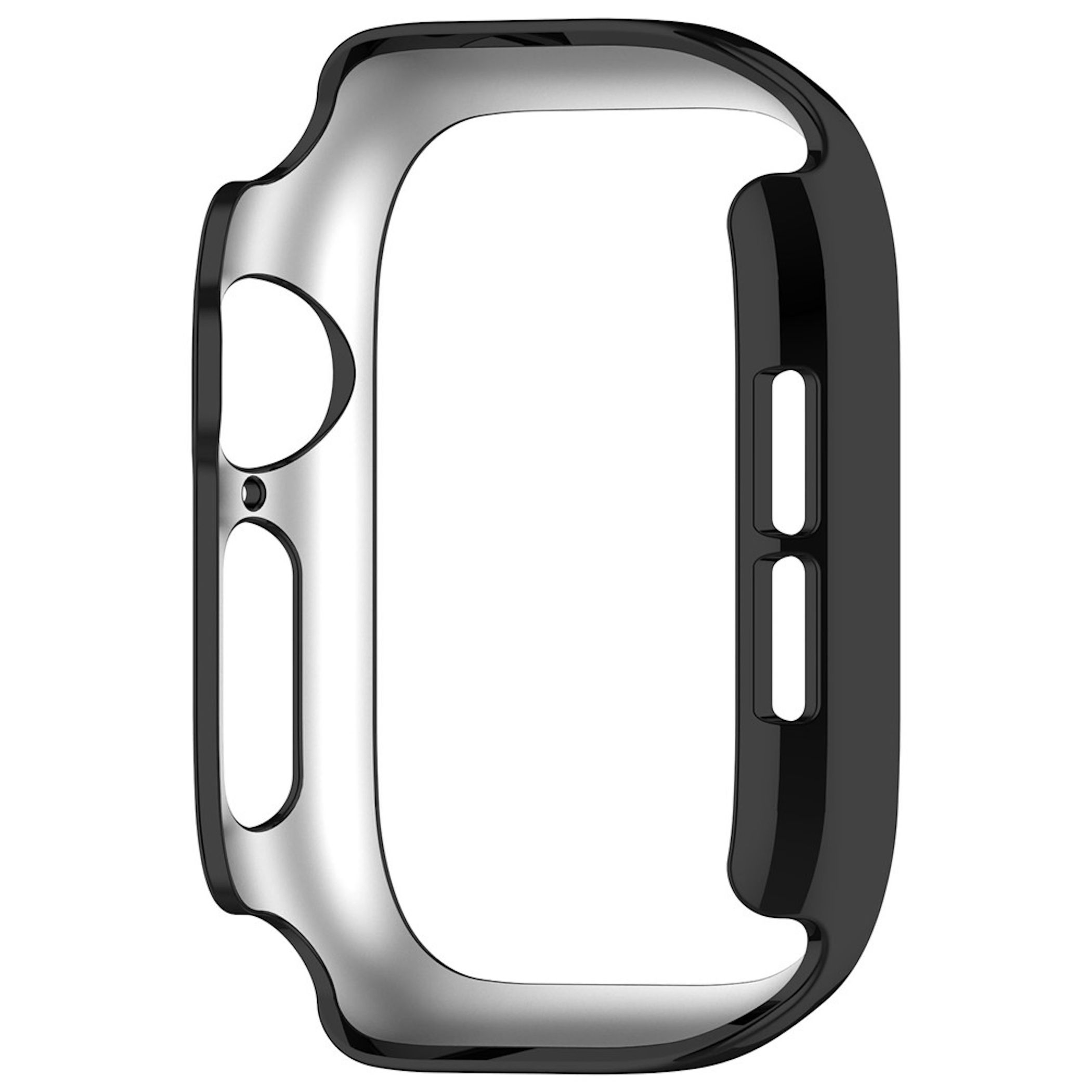 Cassa per orologio nera lucida su sfondo bianco con ritagli precisi.