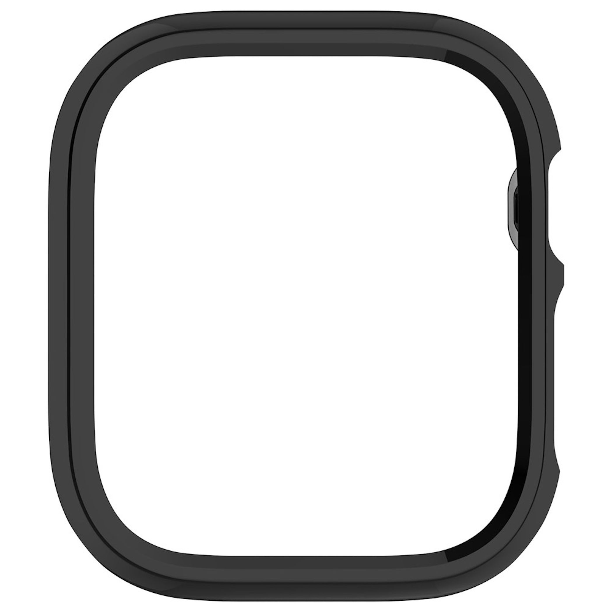 Una cornice per orologio nera e arrotondata con una corona sul lato destro su sfondo bianco.