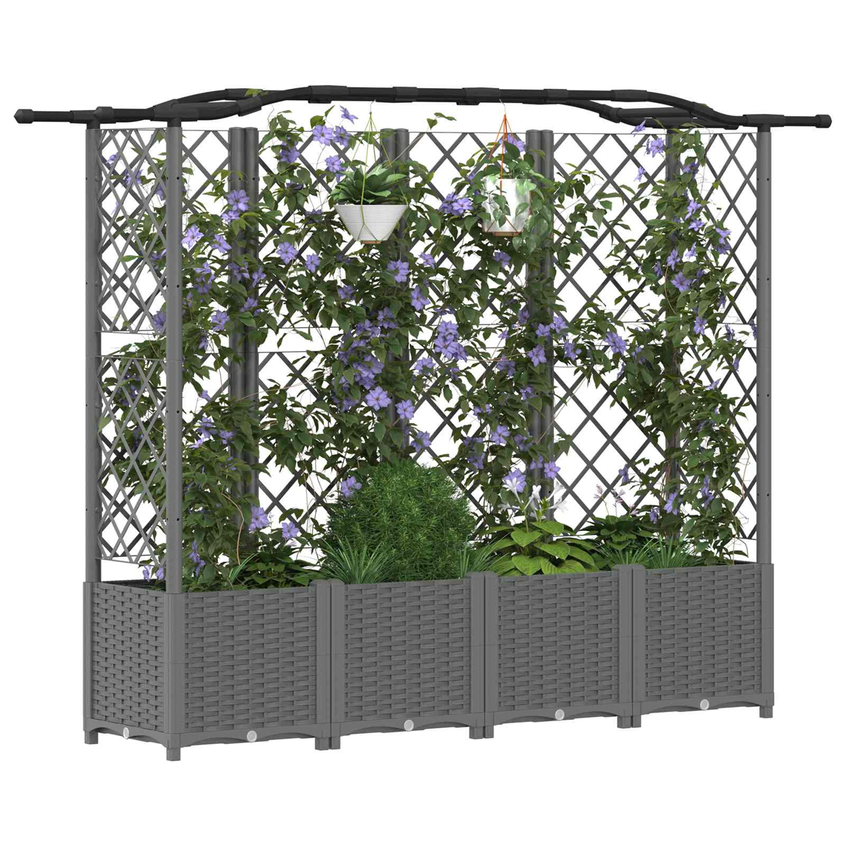 Graues Garten-Rankgitter mit viereckigen Pflanzkästen, bewachsen mit grünen Pflanzen und violetten Blüten.
