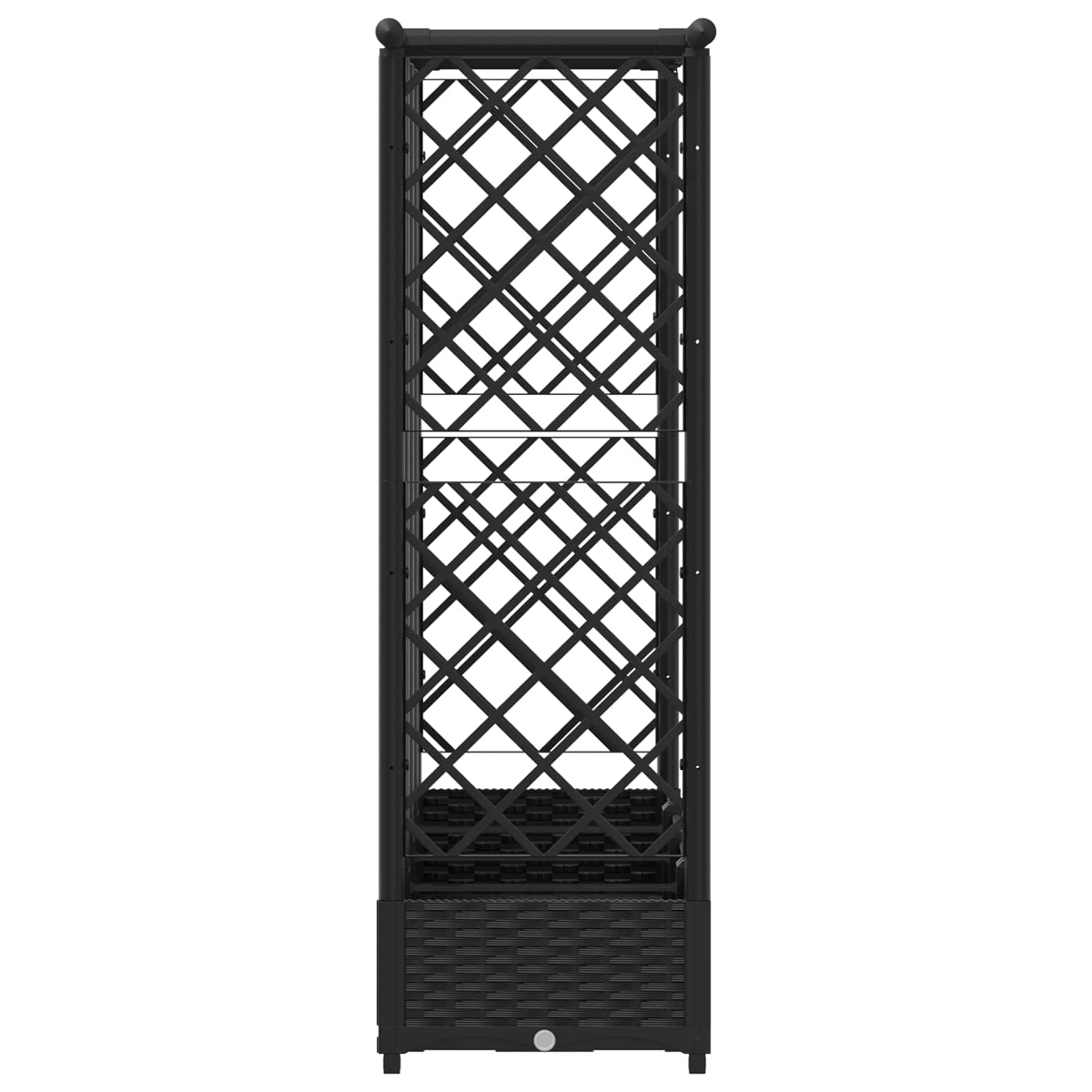 Ein hohes, schwarzes Pflanzgefäß aus Rattan mit integriertem Spalier auf weißem Hintergrund.