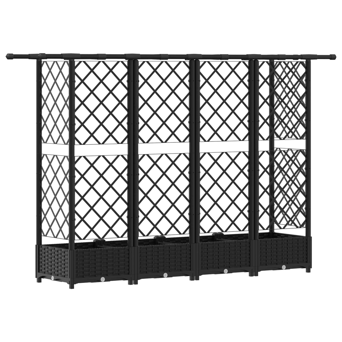 Ein schwarzes Gartenspaliersystem mit vier geflochtenen Pflanzkästen und rautenförmigen Gittern.