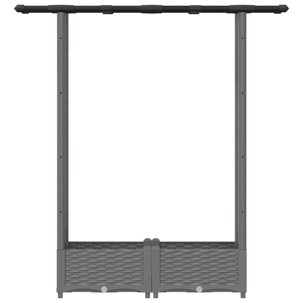 Grauer Garten-Pflanzkasten aus Rattanoptik mit integriertem Spalier und horizontaler Strebe oben.