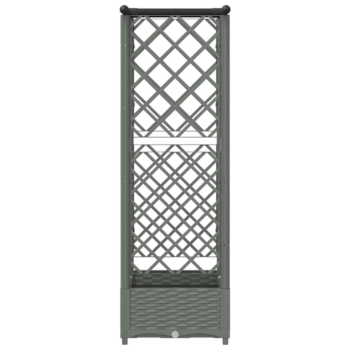 Ein graues Pflanzgefäß aus Rattan mit integriertem Spalier auf einer weißen Hintergrund.