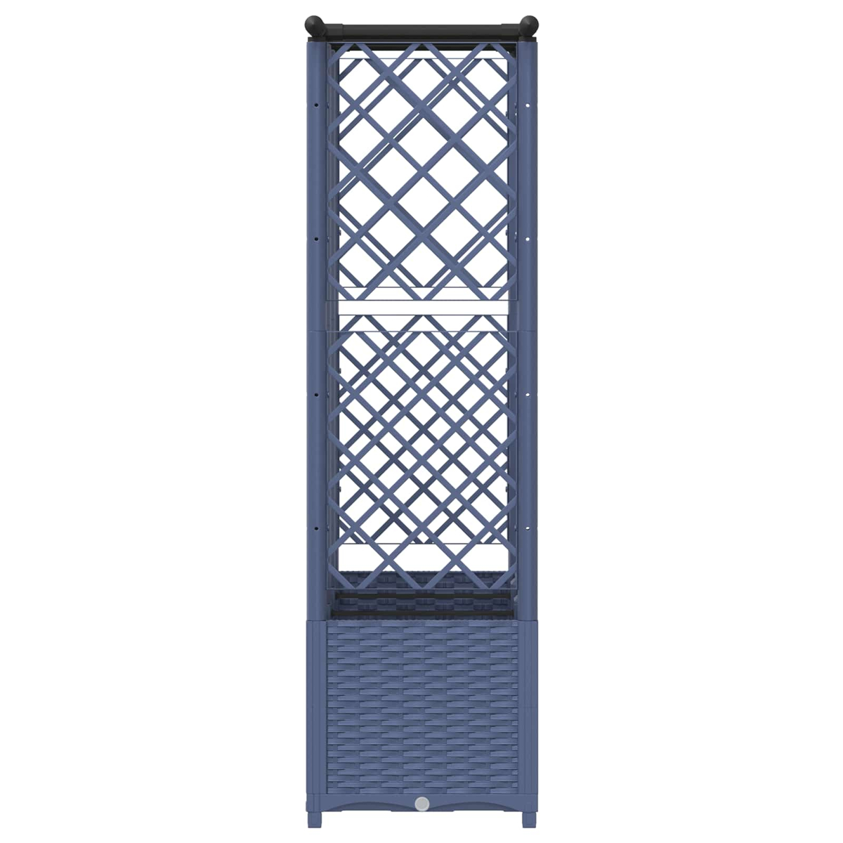 Ein großer, blauer Rankkasten mit einem Rattanmuster unten und einer Gitterstruktur oben auf weißem Hintergrund.