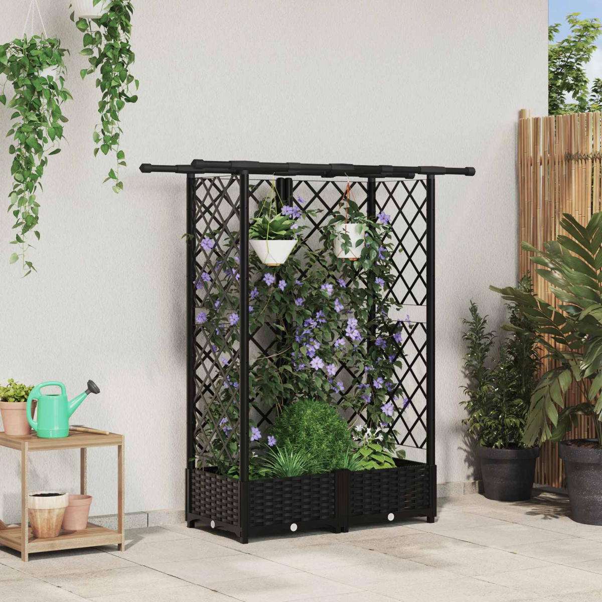 Schwarzes Rankgitter mit Pflanzkasten, bewachsen mit violetten Blumen, auf einer Terrasse mit Topfpflanzen.