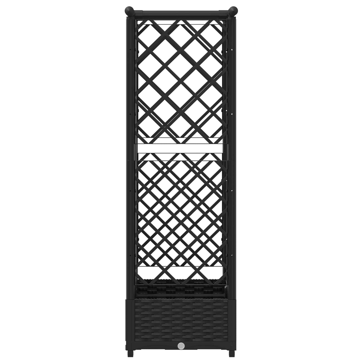 Ein schwarzes Pflanzgefäß aus Rattan mit integriertem Spalier auf weißem Hintergrund.