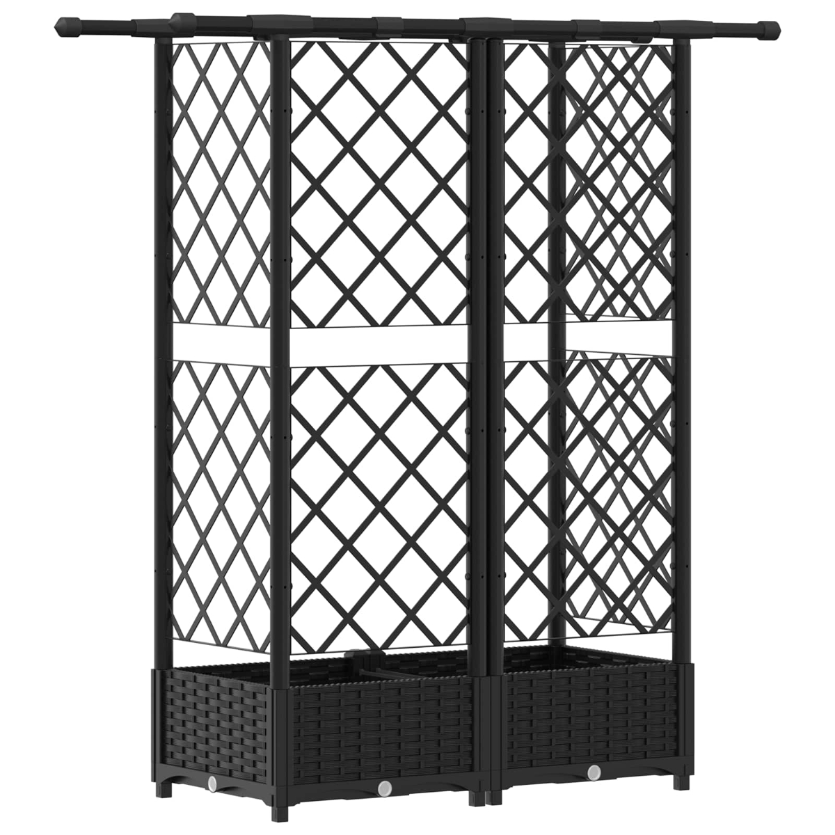 Ein schwarzes Gartenspalier mit zwei rechteckigen Rattankästen und einem Rautenmuster.