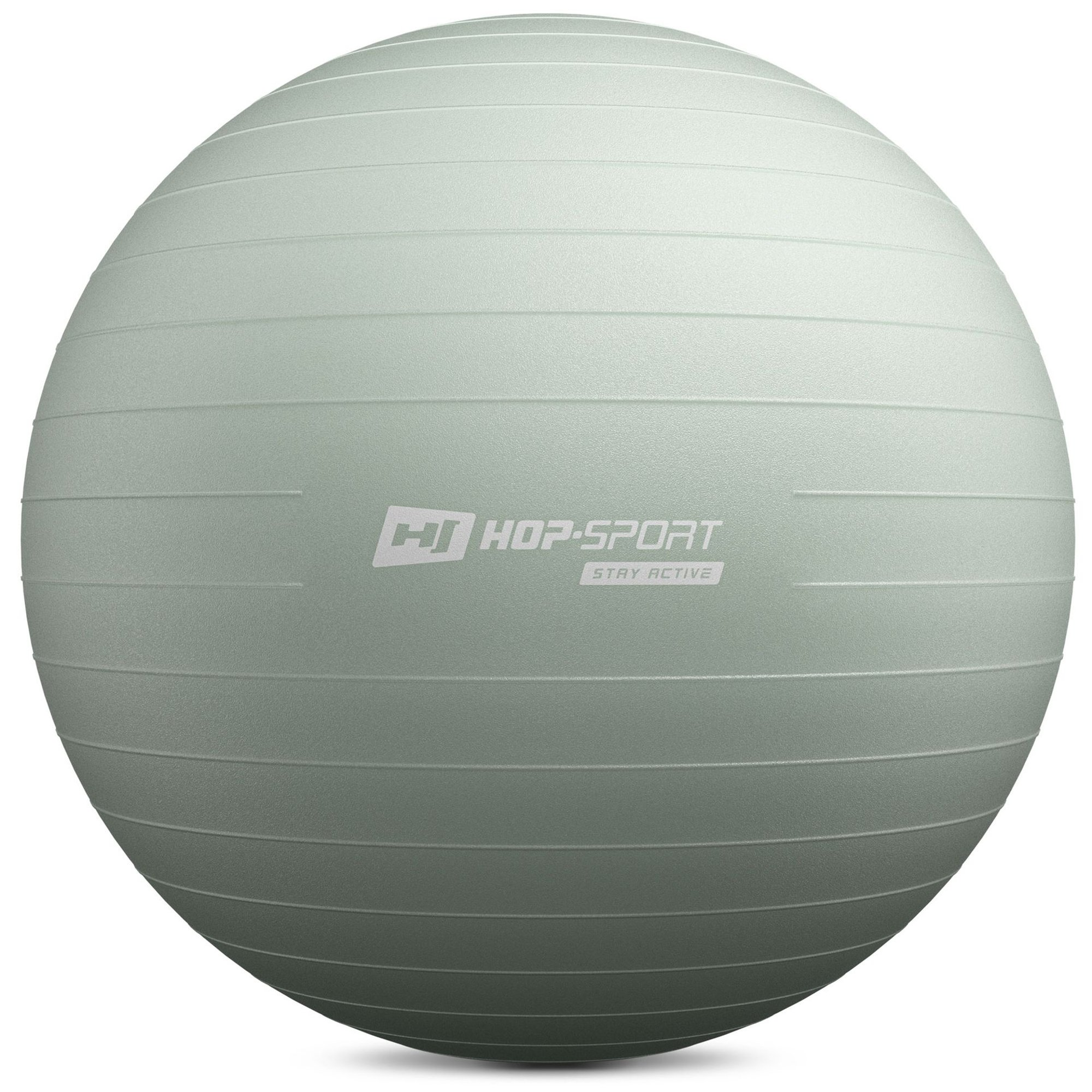 Ein hellgrüner Gymnastikball mit horizontalen Linien und dem weißen Hop-Sport-Logo in der Mitte vor weißem Hintergrund.