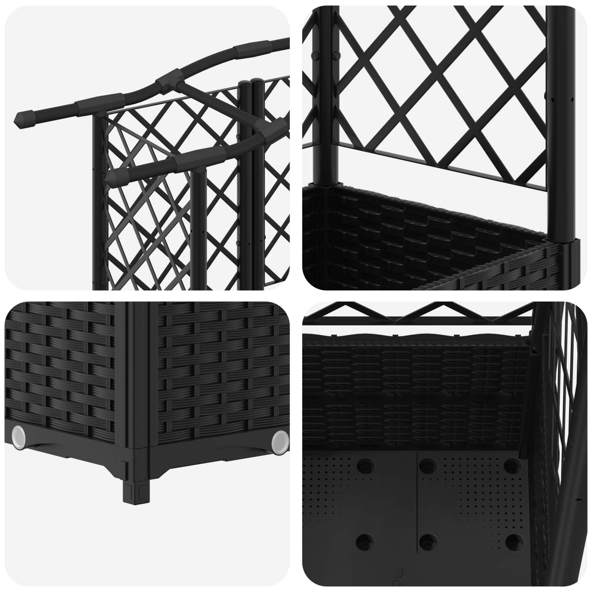 Vier Detailaufnahmen eines schwarzen Gartenmöbels aus Rattan mit Gitterstruktur auf neutralem Hintergrund.