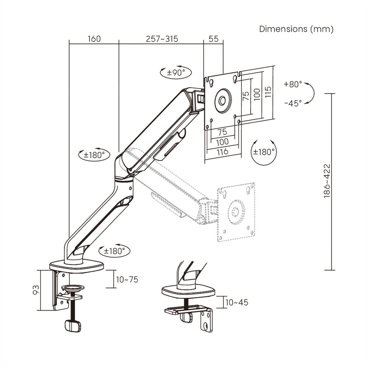 Technische Zeichnung eines Monitorarms mit Maßangaben in mm.