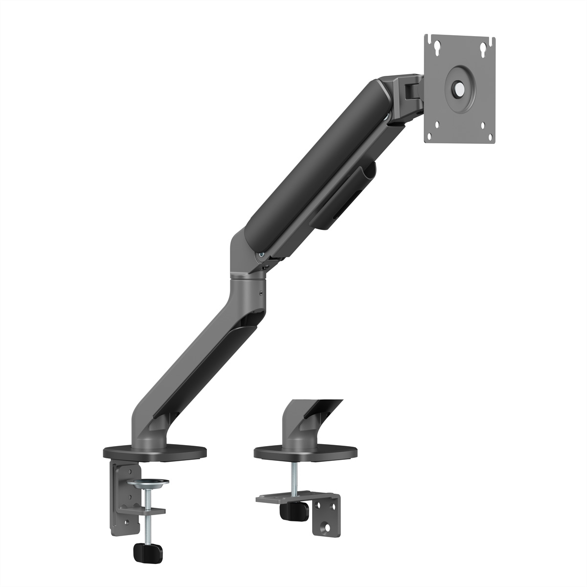 Ein grauer, verstellbarer Monitor-Tischarm mit Montageklemme vor weißem Hintergrund.