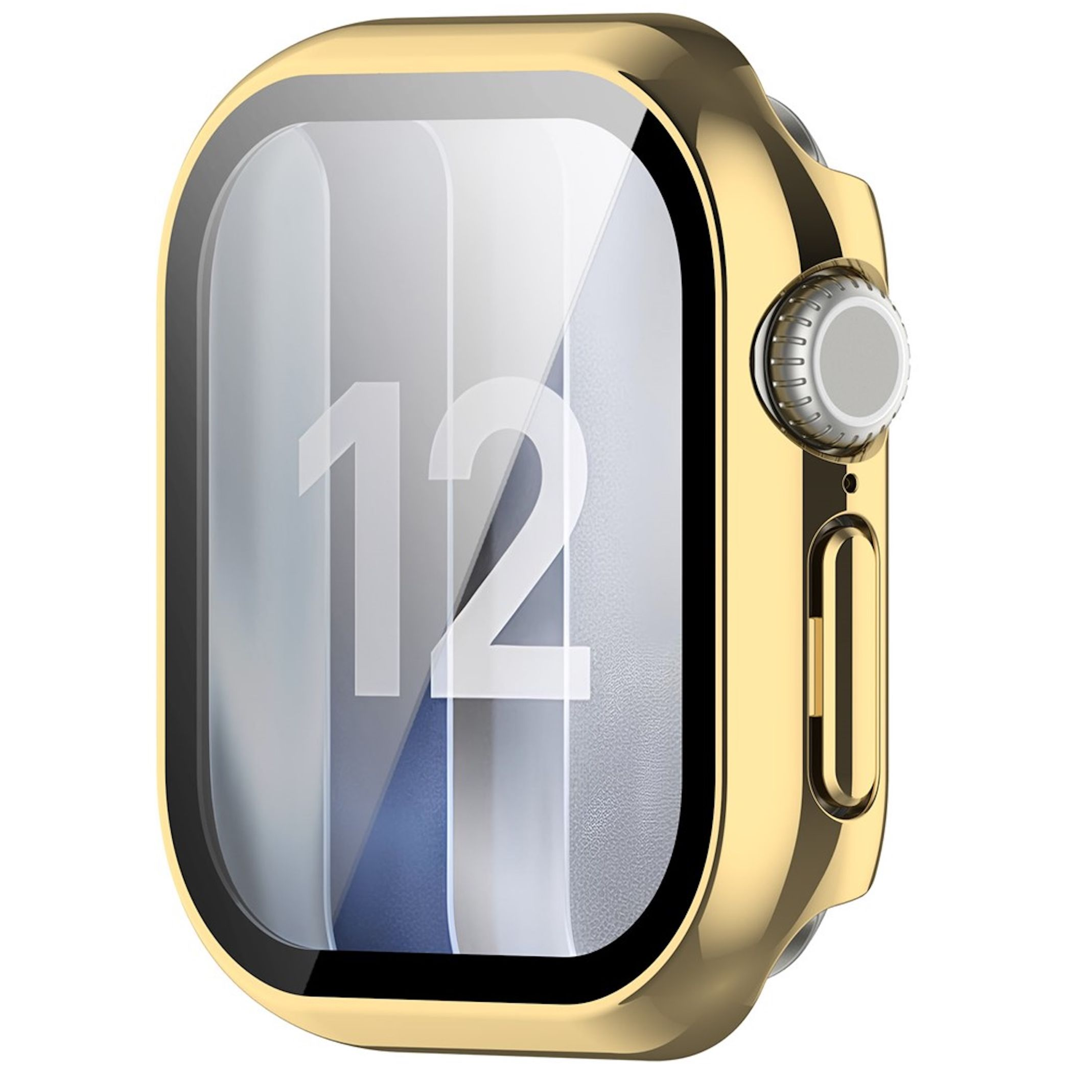 Eine goldene Smartwatch mit glänzendem Gehäuse, digitaler Krone und einem Zifferblatt mit der großen Zahl 12.