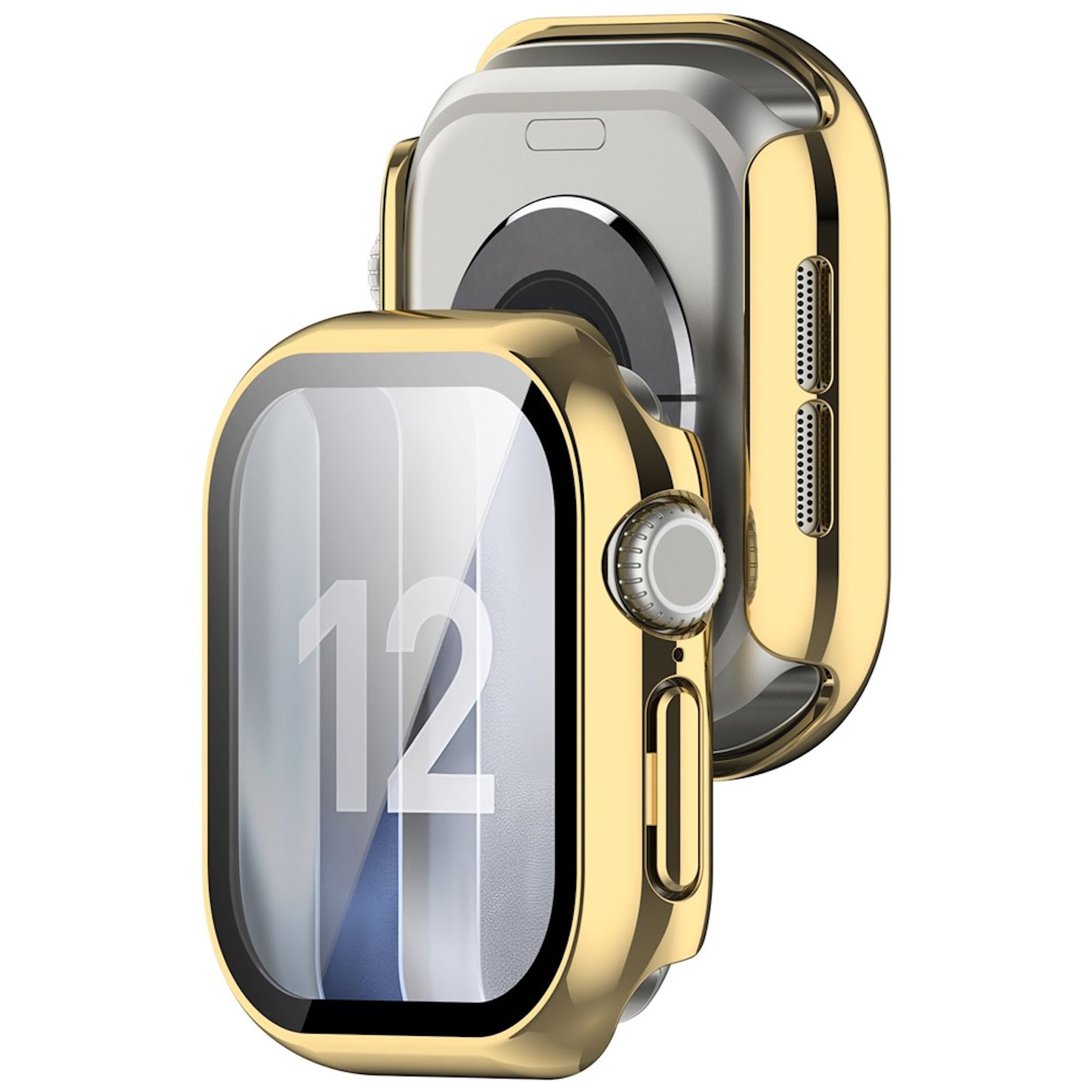 Glänzende goldene Apple-Watch-Hülle mit Schutzglas und Knöpfen auf weißem Hintergrund.