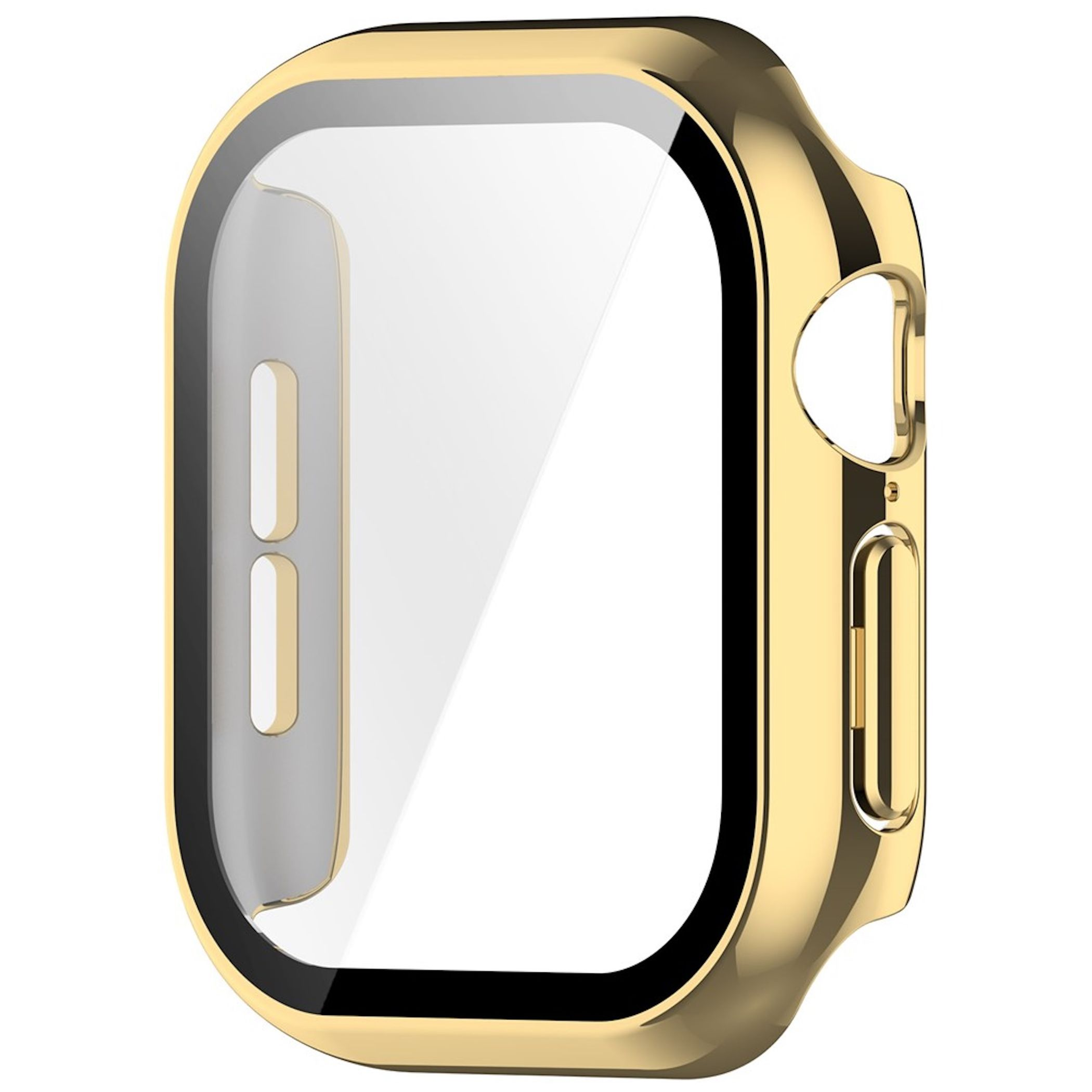 Glänzendes goldenes Schutzgehäuse für eine Smartwatch mit integrierter Bildschirmschutzfolie.