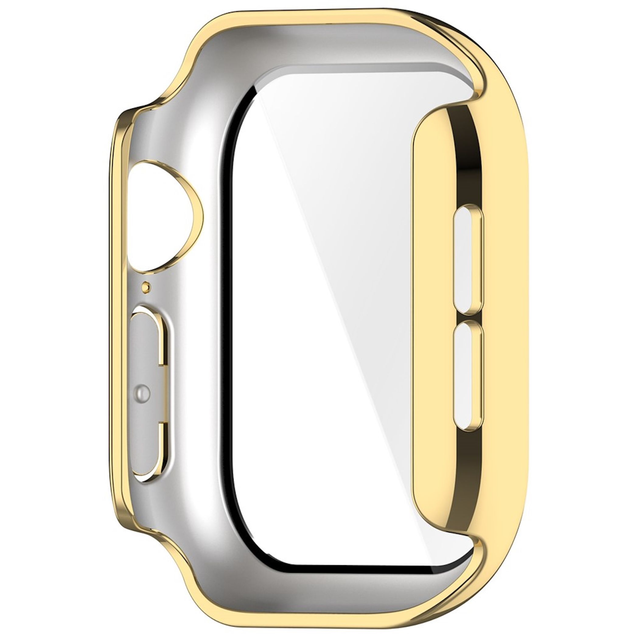 Ein glänzendes goldenes Schutzgehäuse für eine Smartwatch mit integrierter Bildschirmschutzfolie vor weißem Hintergrund.