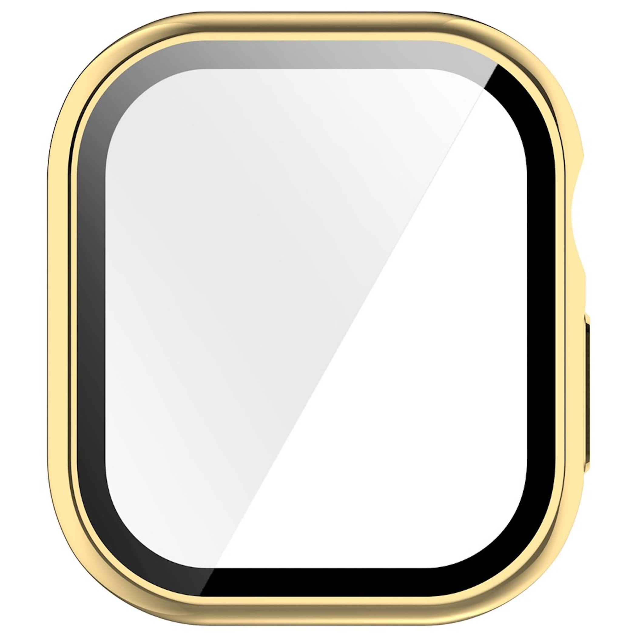 Goldfarbene Smartwatch mit weißem Display auf hellem Hintergrund.