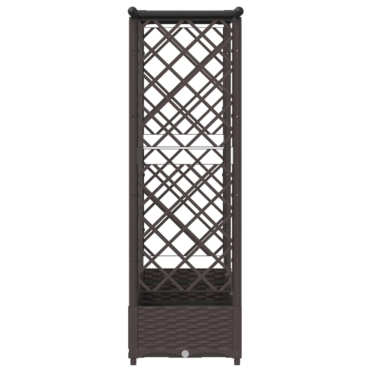 Hoher brauner Rankkasten mit integriertem Pflanzkübel im Rattan-Design auf weißem Hintergrund.