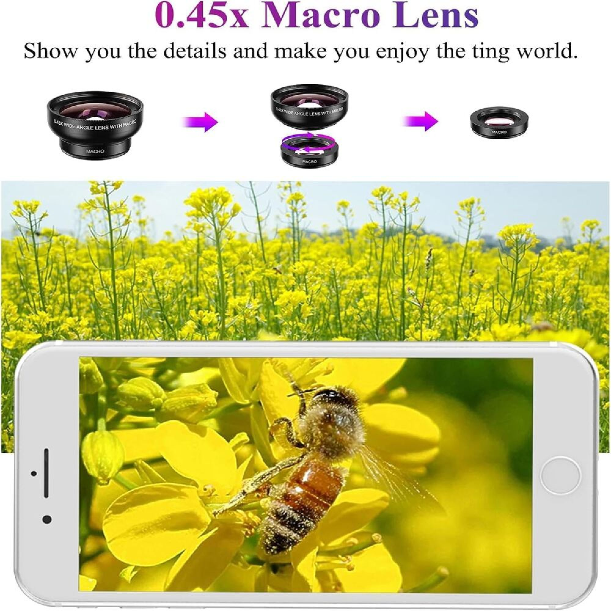 Makroobjektiv-Werbung mit Handy-Bild zeigt eine Biene auf gelben Blüten.