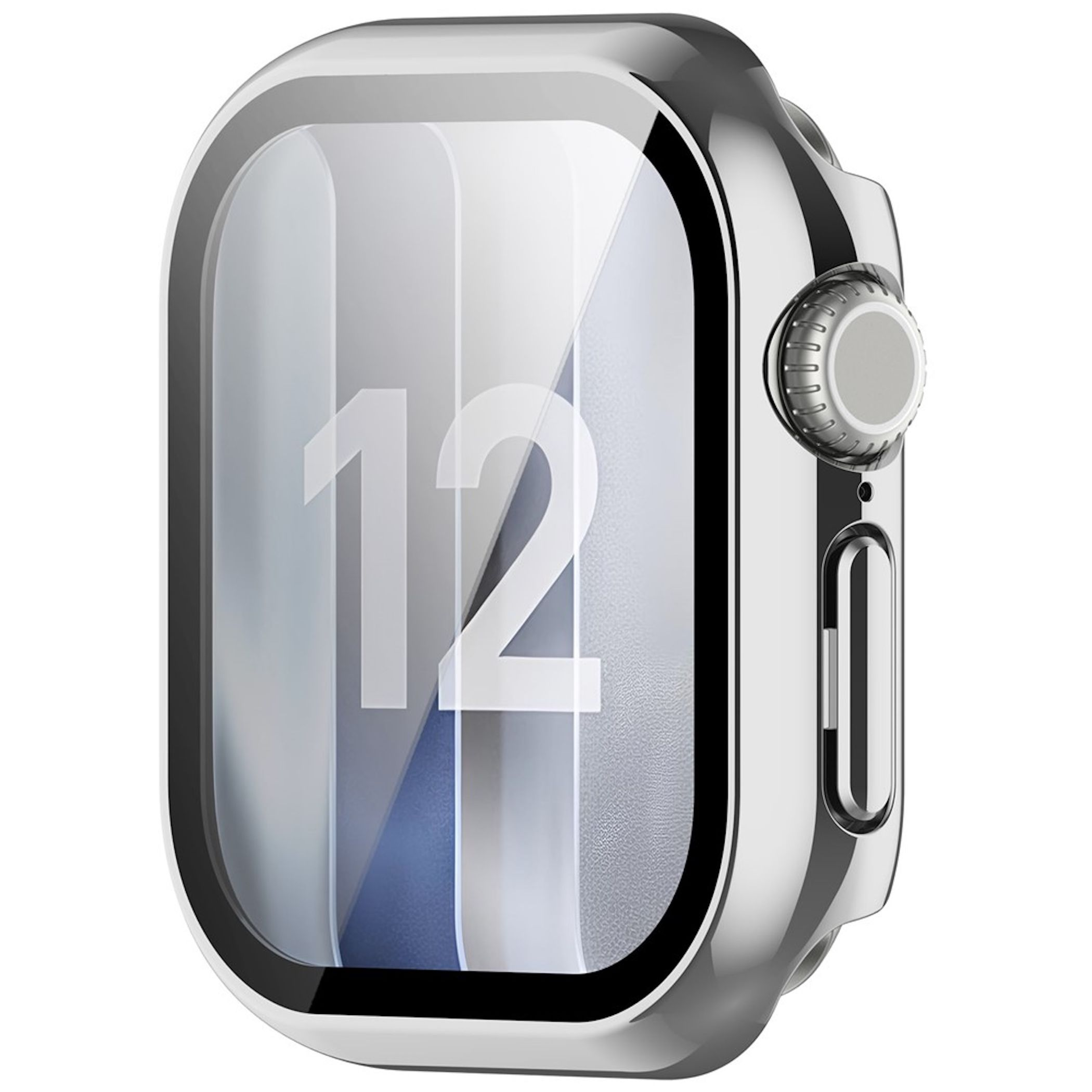 Silberne Smartwatch mit Schutzhülle und der Zahl 12 auf dem Display vor weißem Hintergrund.