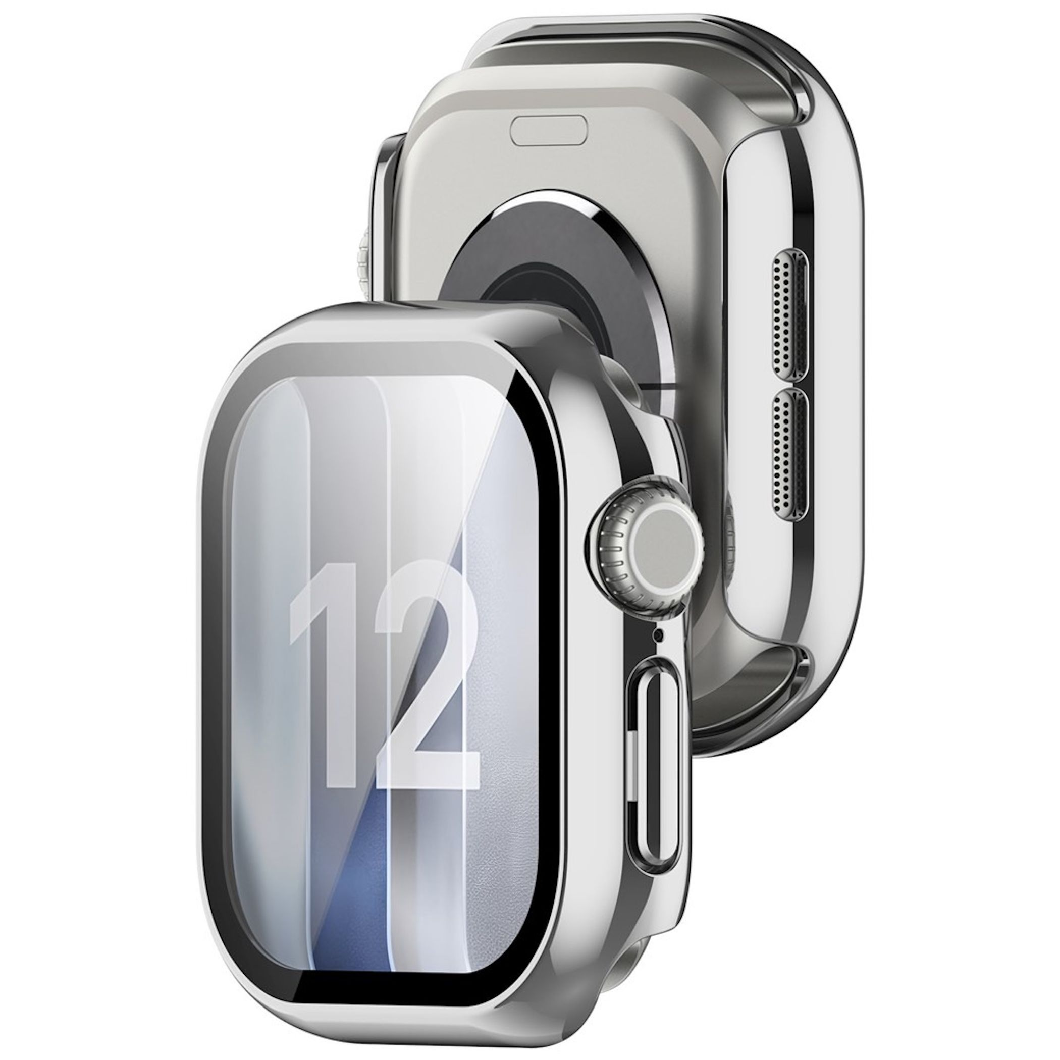 Zwei silberne Smartwatch-Gehäuse mit klaren Displayschutzfolien, Zahl 12, isoliert auf weißem Hintergrund.
